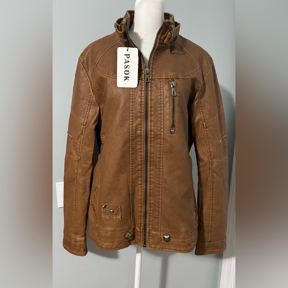 PASOK Men's Faux Leather, Brown Motorcycle Style Jacket Size Medium